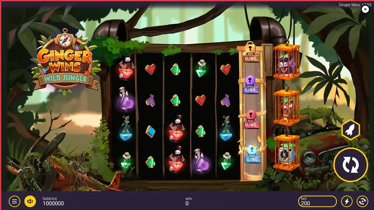 Pemandangan hutan eksotis dan grid permainan slot Ginger Wins Wild Jungle