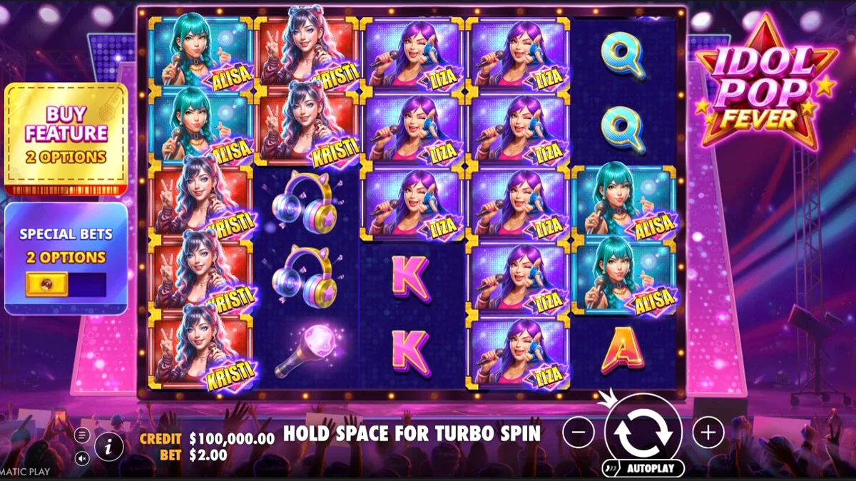 Tampilan visual panggung konser neon dalam slot Idol Pop Fever